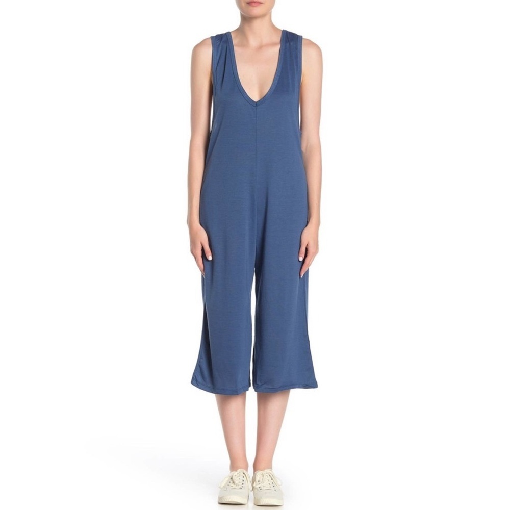 Cotton Emporium Blue Deep V Sleeveless Wide Leg Jumpsuit